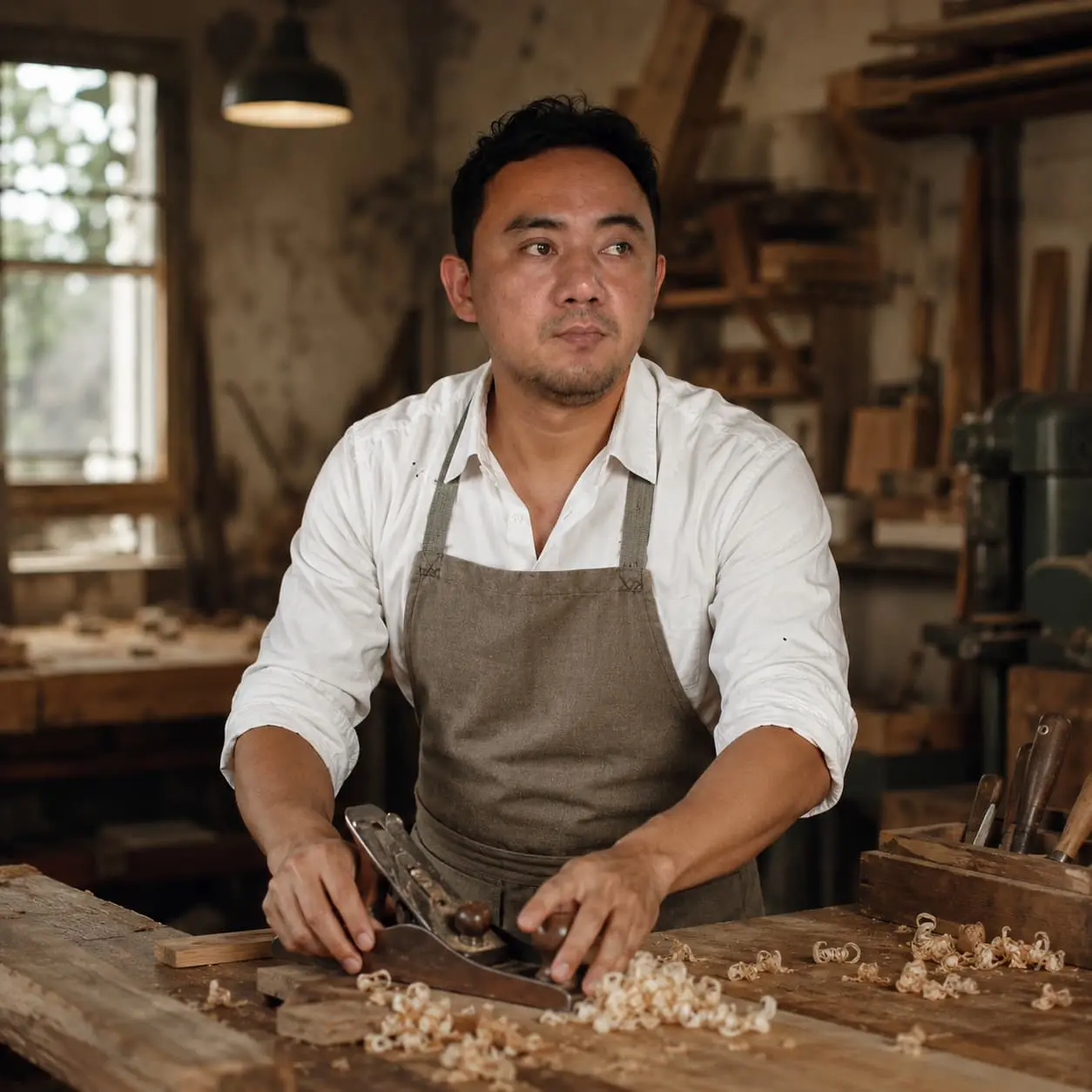 Ranu Prasetyo working on handcrafted wooden furniture in Jepara workshop