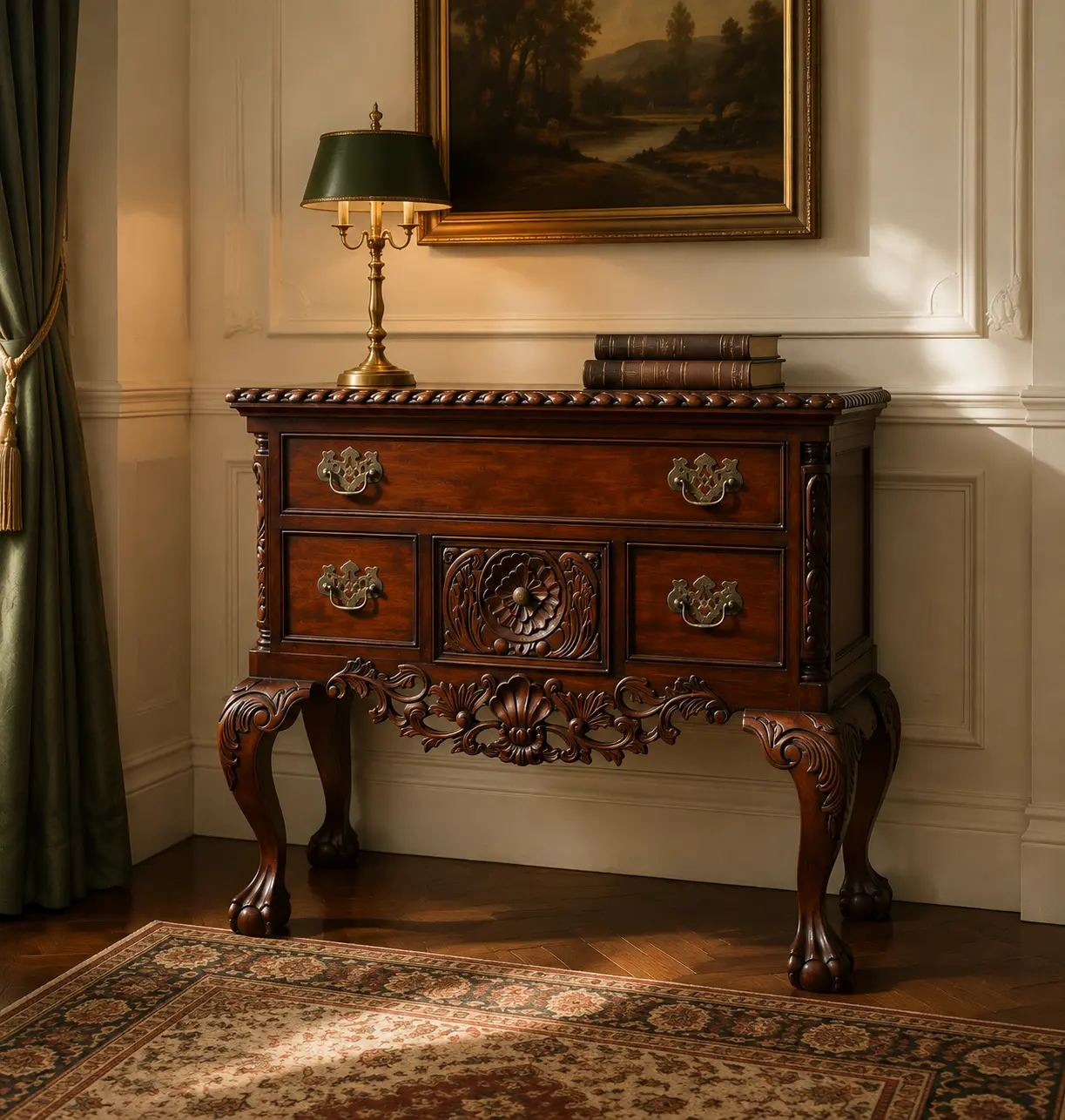 Close-up of hand-carved wooden bed detail from Jepara furniture collection