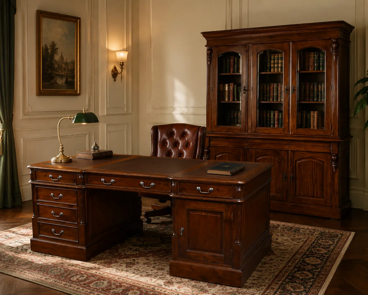 Elegant executive office with carved wooden desk and bookcase from Jepara Studio collection